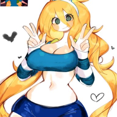 adventure time, cartoon network, fionna the human girl, usa37107692, @ @, big breasts, blonde hair, blush, breasts, bunny ears, cleavage, double peace sign, double v, green eyes, heart