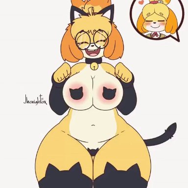 animal crossing, nintendo, derpybelle, isabelle (animal crossing), jhenightfox, 2girls, anthro, areola, bell collar, big breasts, blush, breasts, canid, canine, cat ears