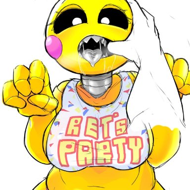 five nights at freddy's, five nights at freddy's 2, scottgames, toy chica (fnaf), sarumoji, animatronic, anthro, avian, bib, big breasts, bird, black eyes, bodily fluids, breasts, chicken