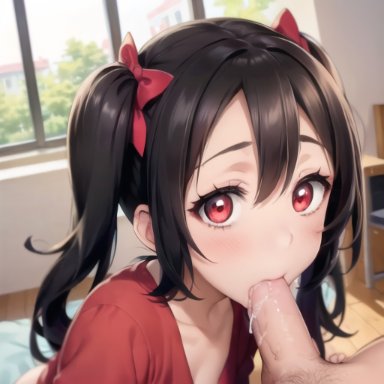 love live!, love live! school idol project, yazawa nico, stable diffusion, 1boy, 1boy1girl, 1girls, aged up, asian, asian female, black hair, blowjob, blowjob face, blowjob only, clothed sex