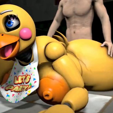 five nights at freddy's, five nights at freddy's 2, source filmmaker, chica (fnaf), huge toy chica, toy chica (fnaf), sharkzero, 1boy, 1girls, anal, animatronic, anthro, ass, big penis, breasts