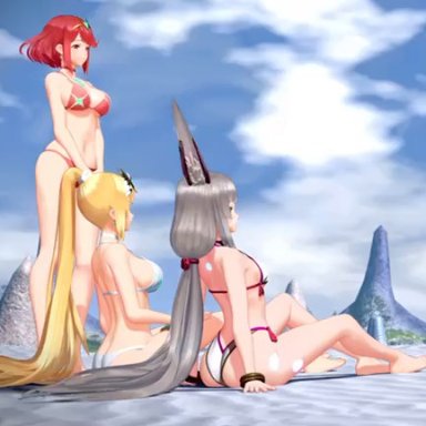 xenoblade (series), xenoblade chronicles 2, mythra, mythra (xenoblade), nia (xenoblade), pyra, pyra (xenoblade), nodusfm, 3girls, alternate costume, animal ears, ass, bare legs, barefoot, beach