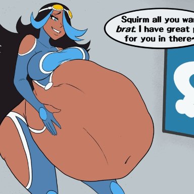 game freak, pokemon, pokemon oras, shelly (pokemon oras), shelly (pokemon), the fudgeman, after vore, big ass, big breasts, black hair, blue hair, dark skin, goggles on head, implied vore, large belly