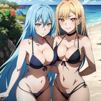 sono bisque doll wa koi wo suru, kitagawa marin, rimuru tempest, lewdcreationsai, 2girls, arms behind back, beach, big breasts, bikini, bikini bottom, bikini top, blonde female, blonde hair, blue hair, blush