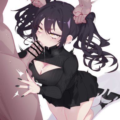 girls' frontline, scarecrow (girls' frontline), eonsang, 1boy, black footwear, black hair, black nails, black shirt, black skirt, blush, breasts, cleavage, cleavage cutout, clothed female nude male, clothing cutout