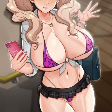 atlus, persona, persona 5, ann takamaki, handplug, 1girls, blonde hair, breasts, female, gyaru, hips, huge breasts, long hair, microskirt, naughty face