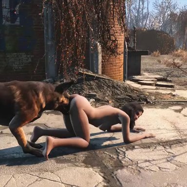 bethesda softworks, fallout, dogmeat, canine, domestic dog, feral, german shepherd, human, knot, licking, male/female, mammal, sex, vaginal penetration, zoophilia