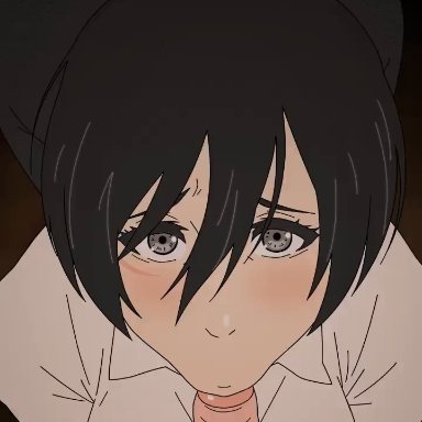 attack on titan, mikasa ackerman, big iron of the mojave, cottontailva, hentaudio, khexxi, 1boy, 1girls, asian female, black hair, blouse, blowjob, cleavage, clothed sex, facefuck