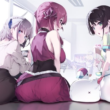 hololive, houshou marine, oozora subaru, shirogane noel, yaguo, 3girls, ass, baseball cap, bird, blue eyes, blush, breasts, bubble ass, bubble butt, child bearing hips