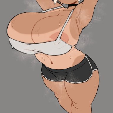 mctamagomaki, armpits, arms up, belly button, big breasts, bike shorts, breast bulge, bulging breasts, choker, chubby, chubby female, crop top, female, gray background, grey background