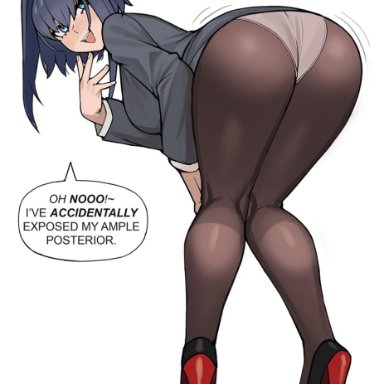 hololive, hololive english, ouro kronii, donburikazoku, ass, ass focus, bent over, black pantyhose, blue eyes, female, hair intakes, high heels, looking at viewer, looking back, office lady
