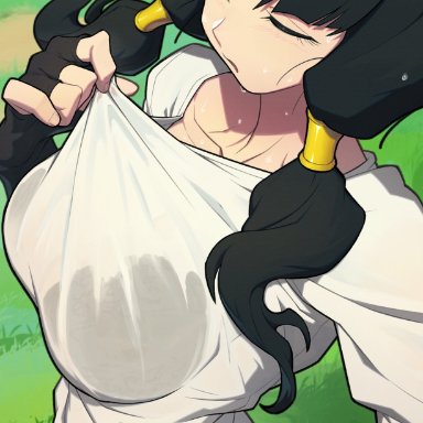dragon ball, dragon ball z, videl, lhata4564, 1girls, airing out, big breasts, black hair, bra, bra visible through clothes, collarbone, shirt pull, solo, solo female, sweat