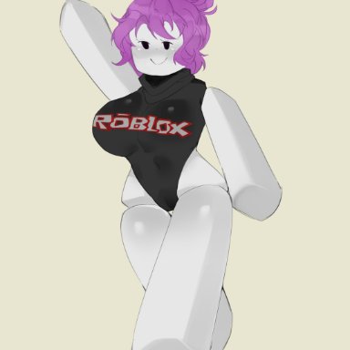 roblox, guest (roblox), robloxian, wamudraws, 1girls, big breasts, black clothing, black eyes, blocky body, blush, breasts, lavender hair, pink hair, purple hair, smirk