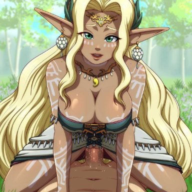 tears of the kingdom, the legend of zelda, sonia (tears of the kingdom), reit, background, big breasts, blonde hair, cleavage, cowgirl position, female, green eyes, long hair, looking at viewer, pov, sex