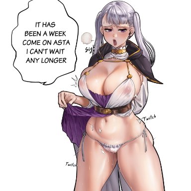 black clover, noelle silva, black7, big breasts, blush, breasts, clothes lift, curvy, female, female focus, female only, g-string, large breasts, nipples, panties