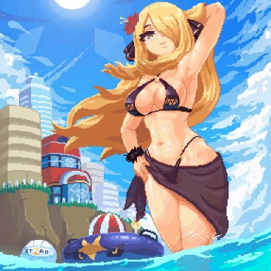 creatures (company), game freak, nintendo, pokemon, cynthia (pokemon), itzah, 1girls, arm behind head, armpits, beach, big breasts, bikini, breasts, busty, cleavage