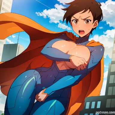 dc, dc comics, my adventures with superman, superman (series), lois lane, stable diffusion, 1girls, angry, black hair, blush, bodysuit, breasts out, brown eyes, brown skin, building