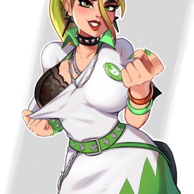 fortnite, fortnite: battle royale, helsie (fortnite), magaska19, breasts, choker, curvy female, green eyes, green hair, green hat, red lipstick, thick thighs