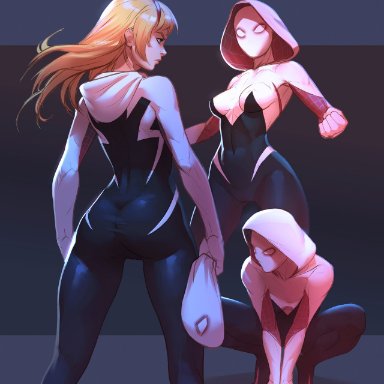 marvel, marvel comics, spider-man (series), gwen stacy, spider-gwen, tarakanovich, 1girls, ass, ass focus, ass visible through clothes, big ass, big butt, blonde hair, bubble butt, butt crack