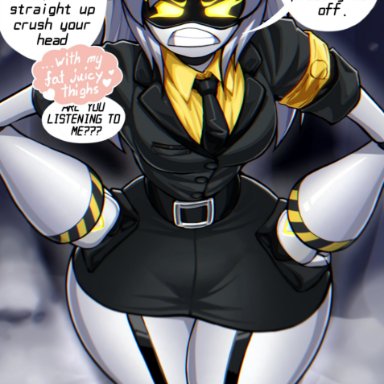 murder drones, j (murder drones), zzzhodazzz, 1girl, 1girls, angry, belt, belt buckle, breasts, business suit, female only, garter straps, gritted teeth, looking at viewer, miniskirt