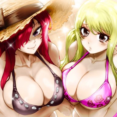 fairy tail, erza scarlet, lucy heartfilia, thegoldensmurf, 2girls, arms crossed under breasts, arms under breasts, bikini, blonde hair, breast squish, brown eyes, cleavage, female, female only, large breasts