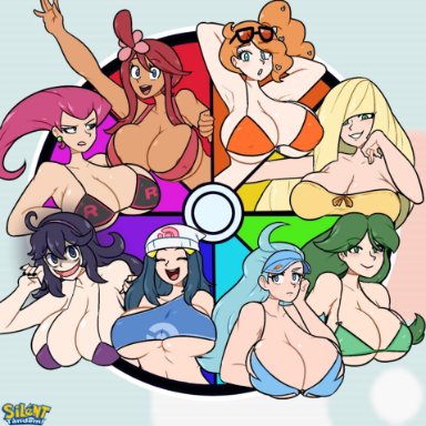 pokemon, pokemon dppt, pokemon sm, cheryl (pokemon), dawn (pokemon), hex maniac, jessie (pokemon), kahili (pokemon), lusamine (pokemon), skyla (pokemon), sonia (pokemon), team rocket, silenttandem, 8girls, alternate breast size