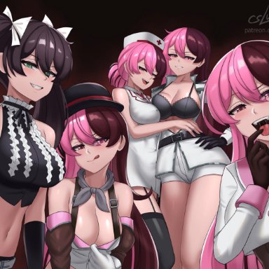 rwby, neo (rwby), cslucaris, 5girls, alternate hairstyle, black hair, bra, cleavage, clone, clothes pull, clothing, female, female only, green eyes, grin