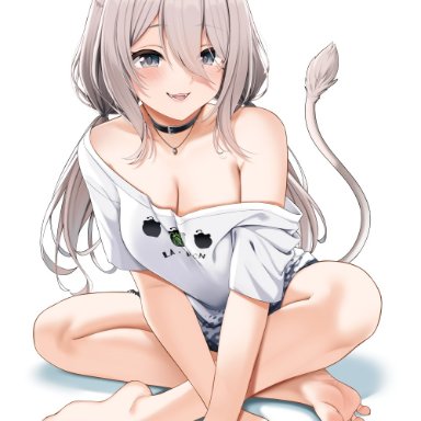 hololive, shishiro botan, casino (casinoep), 1girls, animal ears, barefoot, black nail polish, black nails, black toenails, cleavage, feet, female, female only, foot fetish, oversized shirt