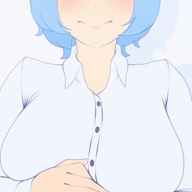 original character, theobrobine, apprehensive, blue hair, bouncing breasts, bursting breasts, button down shirt, button gap, button pop, flopping breasts, grimace, large breasts, like icon, pulling on clothes, retweet icon