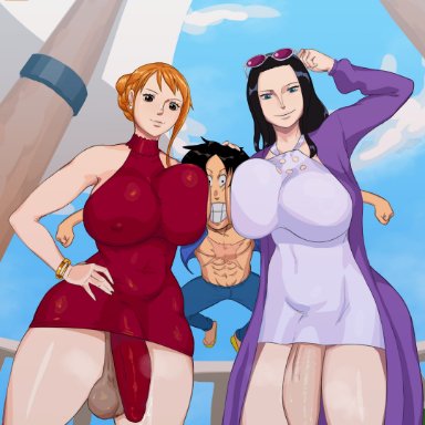 one piece, nami, nami (one piece), nico robin, femboycarti, 1boy, 2futas, big penis, bulge, flaccid, foreskin, futanari, intersex, penis, post-timeskip