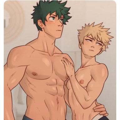 my hero academia, izuku midoriya, katsuki bakugou, artist request, 2boys, abs, blonde hair, dominant, femboy, gay, green eyes, green hair, looking away, male only, married