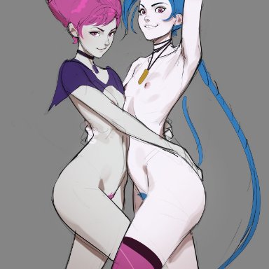 dc comics, league of legends, riot games, teen titans, jinx (dc), jinx (league of legends), tarakanovich, 2girls, arms behind back, arms up, blue hair, blue pubic hair, choker, female, female only