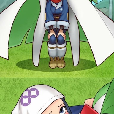 pokemon, pokemon legends: arceus, akari (pokemon), alpha pok&#233;mon, gardevoir, pok&#233;mon (species), loodncrood, 2girls, amazed, bigger female, blue eyes, blue hair, blush, bob cut, breasts