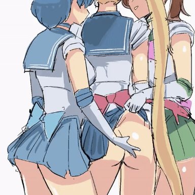 bishoujo senshi sailor moon, makoto kino, minako aino, sailor jupiter, sailor mercury, sailor moon, usagi tsukino, sashizume soutarou, 3girls, ass, blonde hair, blue hair, brown hair, choker, dat ass