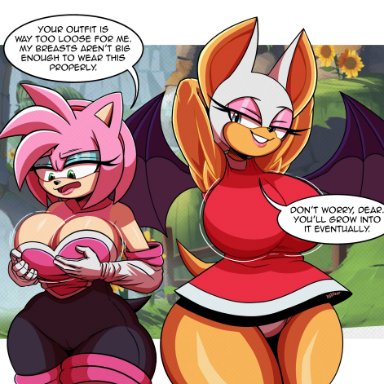 sega, sonic (series), sonic the hedgehog (series), amy rose, amy rose (cosplay), rouge the bat, rouge the bat (cosplay), cxrryart, anthro, big breasts, breasts, costume swap, huge breasts, large breasts