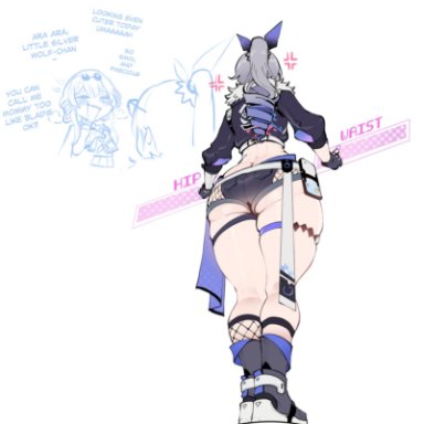 honkai (series), honkai: star rail, kafka (honkai: star rail), silver wolf (honkai: star rail), thiccwithaq, 2girls, ass, boots, butt crack, female focus, grey hair, human, ponytail, short shorts, shorts