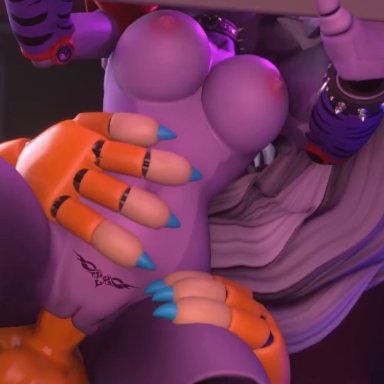 five nights at freddy's, glamrock freddy (fnaf), roxanne wolf (fnaf), nifys, animatronic, bottom view, bouncing breasts, breasts, furry, moaning, no humans, sex, stomach bulge, straight, vaginal penetration