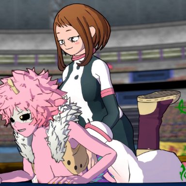 boku no hero academia, my hero academia, ashido mina, mina ashido, ochako uraraka, uraraka ochako, sfmslayer, anal, ass, balls touching, black sclera, breasts, brown eyes, brown hair, cowgirl position