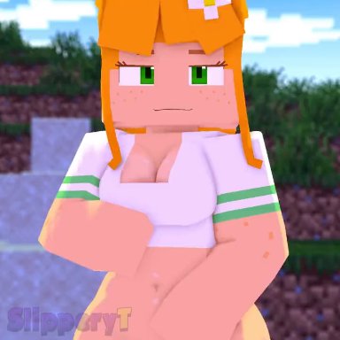 minecraft, minecraft (series), amber green, slipperyt, background, big breasts, breasts, female, flower, flower in hair, green eyes, pubic hair, solo, white shirt, 3d