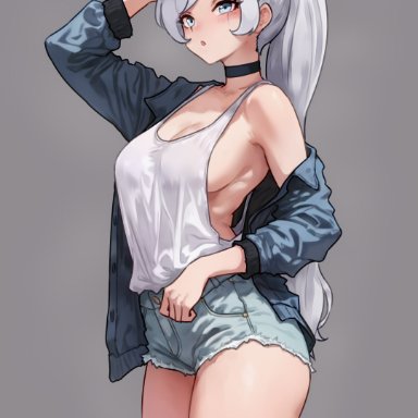 rwby, weiss schnee, bluefield, 1girls, blue eyes, booty shorts, breasts, casual clothes, female, large breasts, light skin, light-skinned female, long hair, medium breasts, nipples