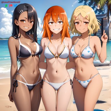 please don't bully me, nagatoro, gamo-chan, hayase nagatoro, sakura (nagatoro), lewdcreationsai, 3girls, beach, black hair, brown eyes, cameltoe, cleavage, dark-skinned female, looking at viewer, navel, outdoors