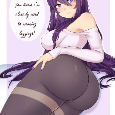 doki doki literature club, yuri (doki doki literature club), raionart, big ass, dark hair, hair ornament, hairclip, hand on ass, hand on butt, hand on hip, leggings, long hair, looking at viewer, lying on side, painted fingernails