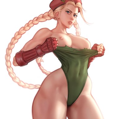 capcom, street fighter, cammy white, elwydraws, 1girls, areolae, armwear, blonde hair, blue eyes, breasts, female, female only, hat, leotard, long hair