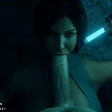 tomb raider, tomb raider (survivor), lara croft, lara croft (survivor), zodros, 1boy, 1girls, athletic female, blowjob, brown eyes, brown hair, busty, cleavage, cleavage cutout, fellatio