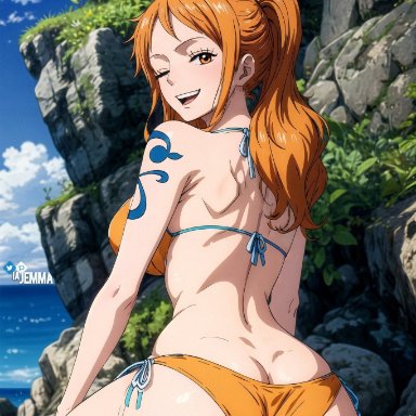 one piece, nami, nami (one piece), stable diffusion, 1girls, ass, big ass, big butt, bikini, breasts, butt crack, huge ass, large breasts, one eye closed, orange hair