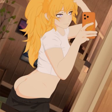 rwby, yang xiao long, necromalock, ass, blonde hair, mirror selfie, ponytail, purple eyes, selfie, tagme