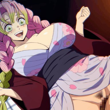 demon slayer, kimetsu no yaiba, kanroji mitsuri, bajima shouhei, blush, bouncing breasts, breasts bigger than head, breasts out, cleavage, clothed sex, cowgirl position, deep penetration, green eyes, hair between eyes, huge breasts