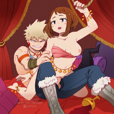 boku no hero academia, my hero academia, bakugou katsuki, katsuki bakugou, ochako uraraka, uraraka ochako, superevey, 1boy, 1boy1girl, 1girls, arm grab, arm up, belly dancer, belly dancer outfit, blonde hair