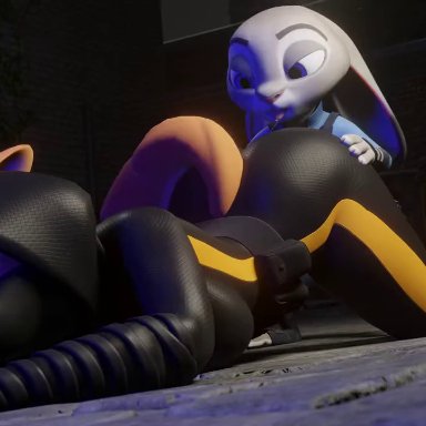 disney, dreamworks, the bad guys, zootopia, diane foxington, judy hopps, arbiter1209, 2girls, all fours, alley, animal humanoid, anthro, arched back, ass, ass up