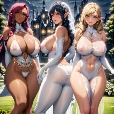 stable diffusion, 3girls, curvaceous, curvy body, curvy figure, dark-skinned female, elf, elf female, erect nipples, female, female focus, female only, huge breasts, long hair, looking at viewer